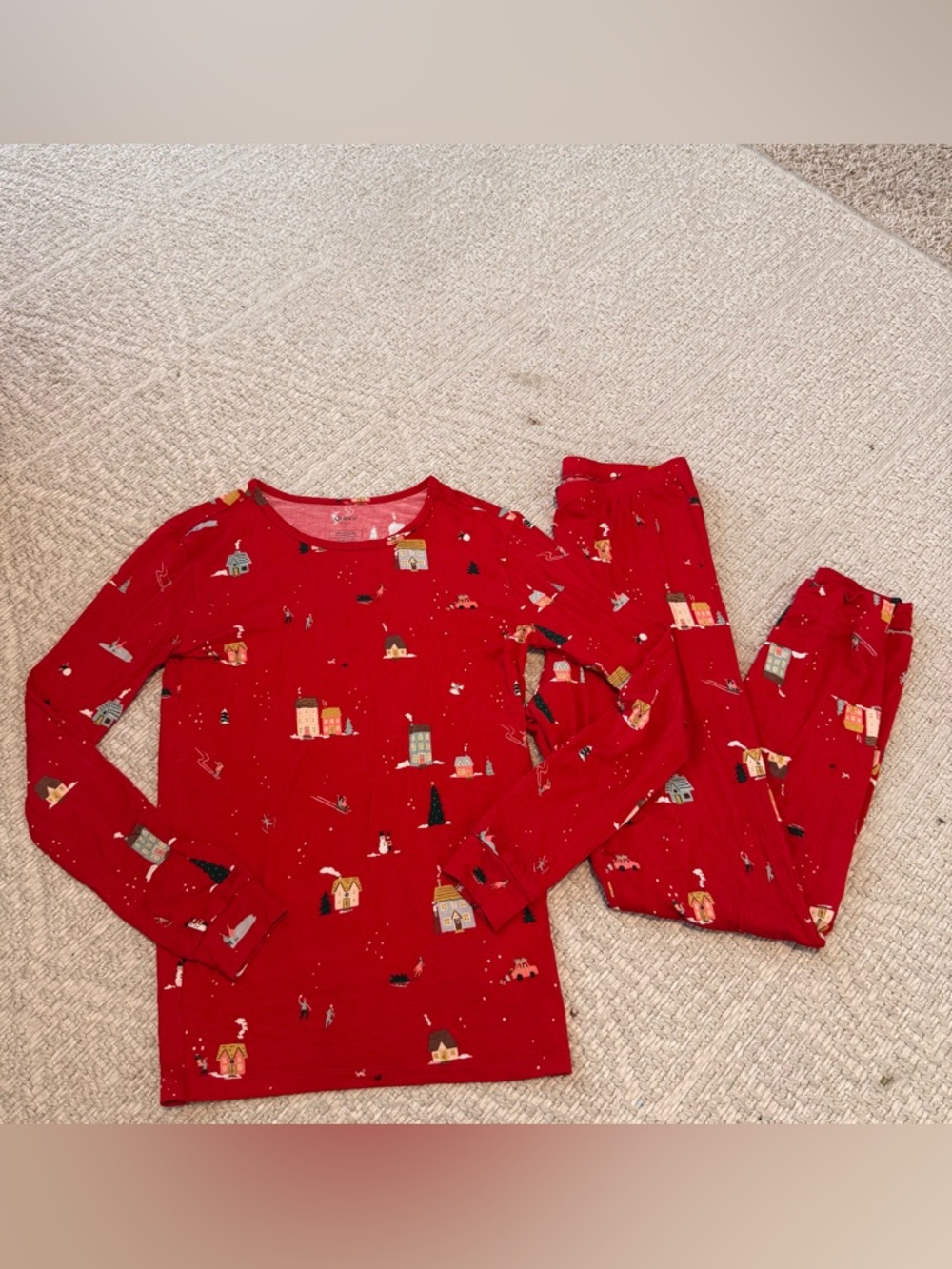 Quince Girls Long Two Piece Pajamas Size 10 Holiday Red Snug Fit Bamboo Viscose